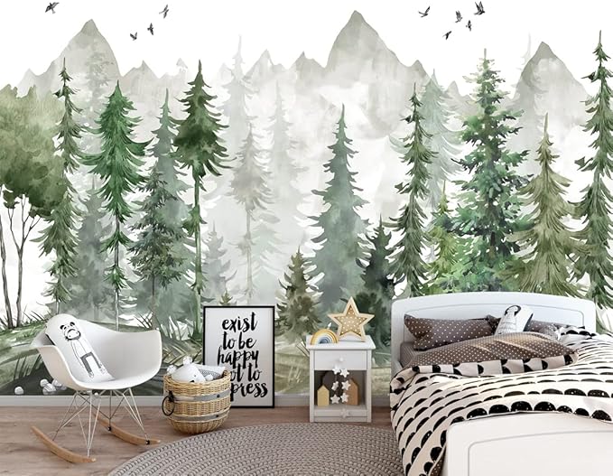 Forest Wallpaper Watercolor Green Woodland Mural Wallpaper for Nursery Room (Not Peel n' Stick)