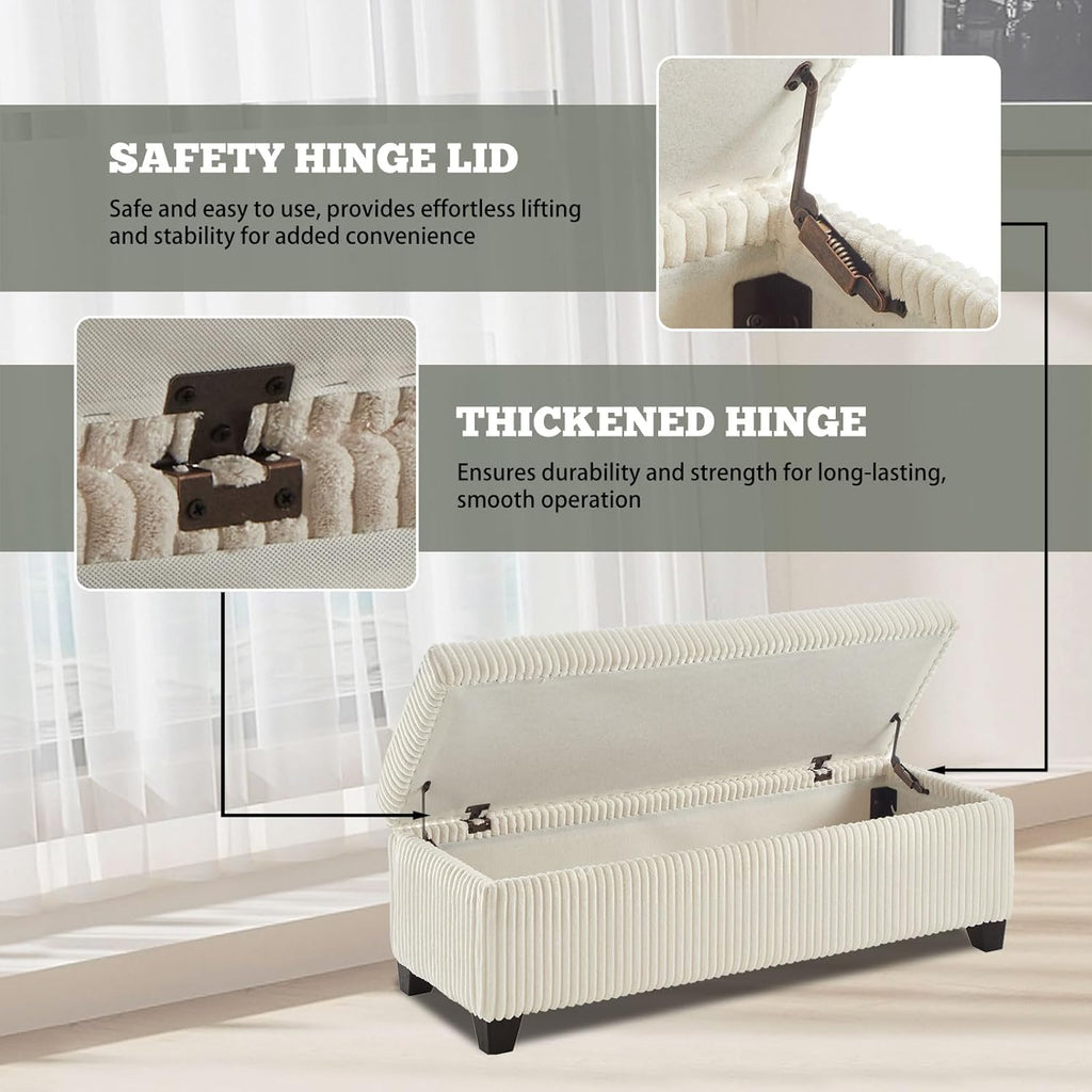 48" Ottoman with Storage, Corduroy Storage Ottoman Bench for Bedroom, End of Bed Bench with Safety Hinge for Living Room, Bedroom, Entryway, White