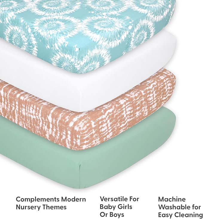 The Peanutshell Crib Sheets, Neutral, Fitted Baby Bed Sheet Set, Standard Size Crib Mattress, 52x28, Boho Nursery Decor, 4 Pack in White, Green, Brown, Teal