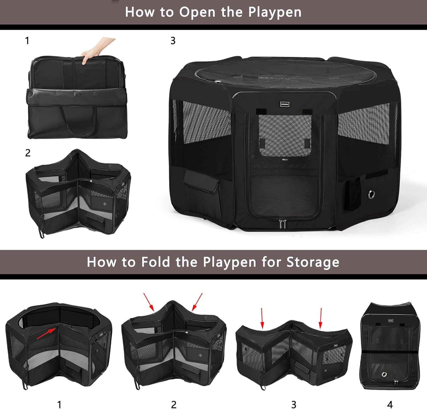 DONORO Dog Playpen Portable Pet Play Pens for Small Dog/Cat/Rabbit/Chicks, Cat Playpen Indoor/Outdoor with Carring Case, Removable Zipper Top and Bottom (Black, Extra Large (55"x55"x30"), 8)