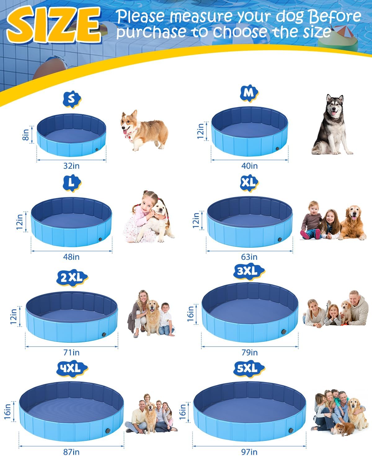 YSJILIDE Portable Dog Pool PVC Pet Swimming Pool Bathtub Collapsible, Hard Plastic for Pets to Swim and Bath (L-48"x 12" Blue)