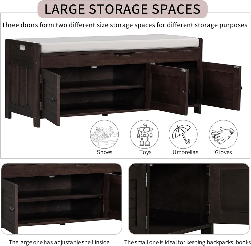 Shoe Storage Bench with 3 Shutter-Shaped Doors, Pine Wood Shoe Bench with Removable Cushion and Hidden Storage Space for Living Room, Entryway 43.5" L x 16" W x 18" H Espresso