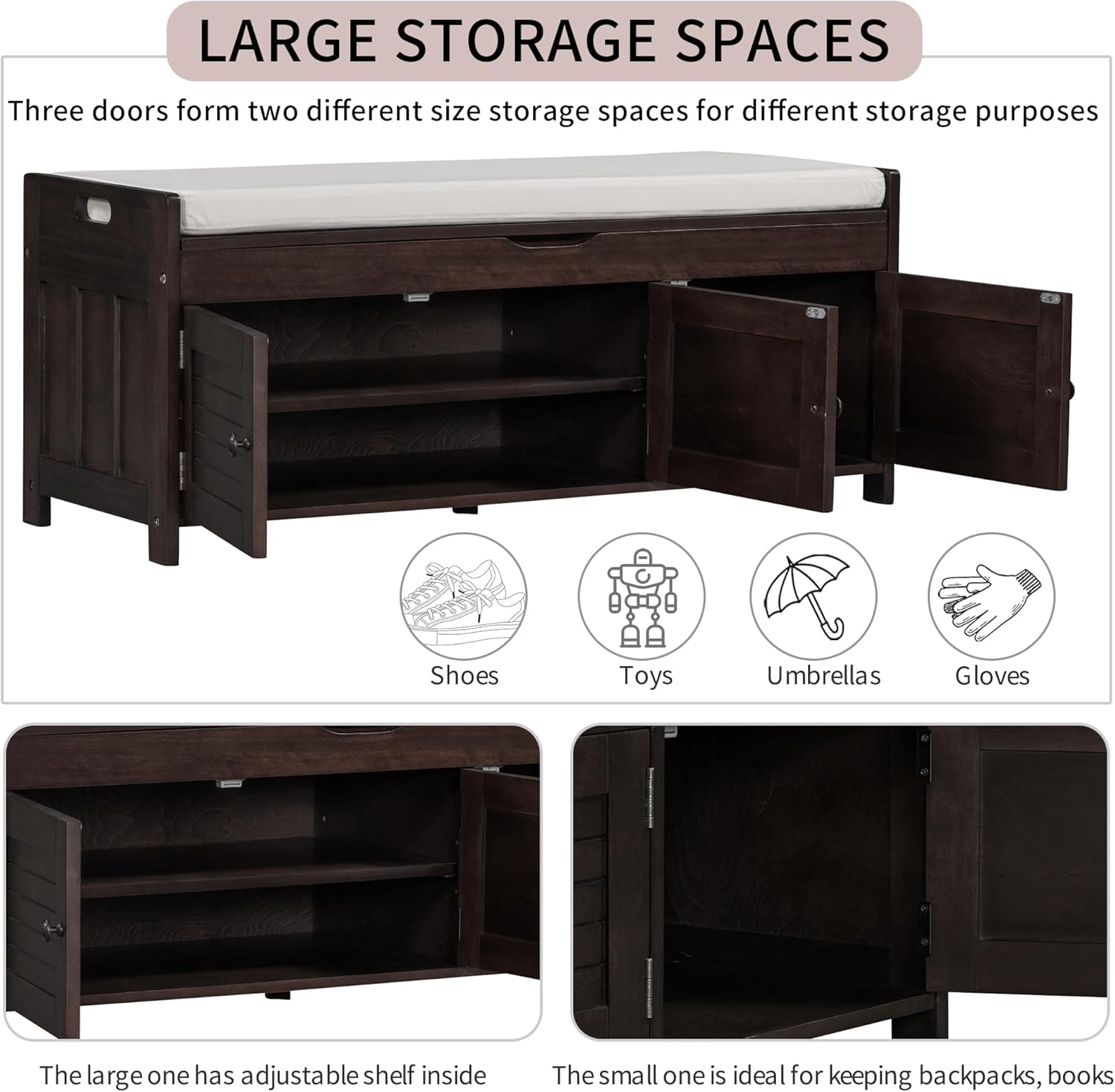 Shoe Storage Bench with 3 Shutter-Shaped Doors, Pine Wood Shoe Bench with Removable Cushion and Hidden Storage Space for Living Room, Entryway 43.5" L x 16" W x 18" H Espresso