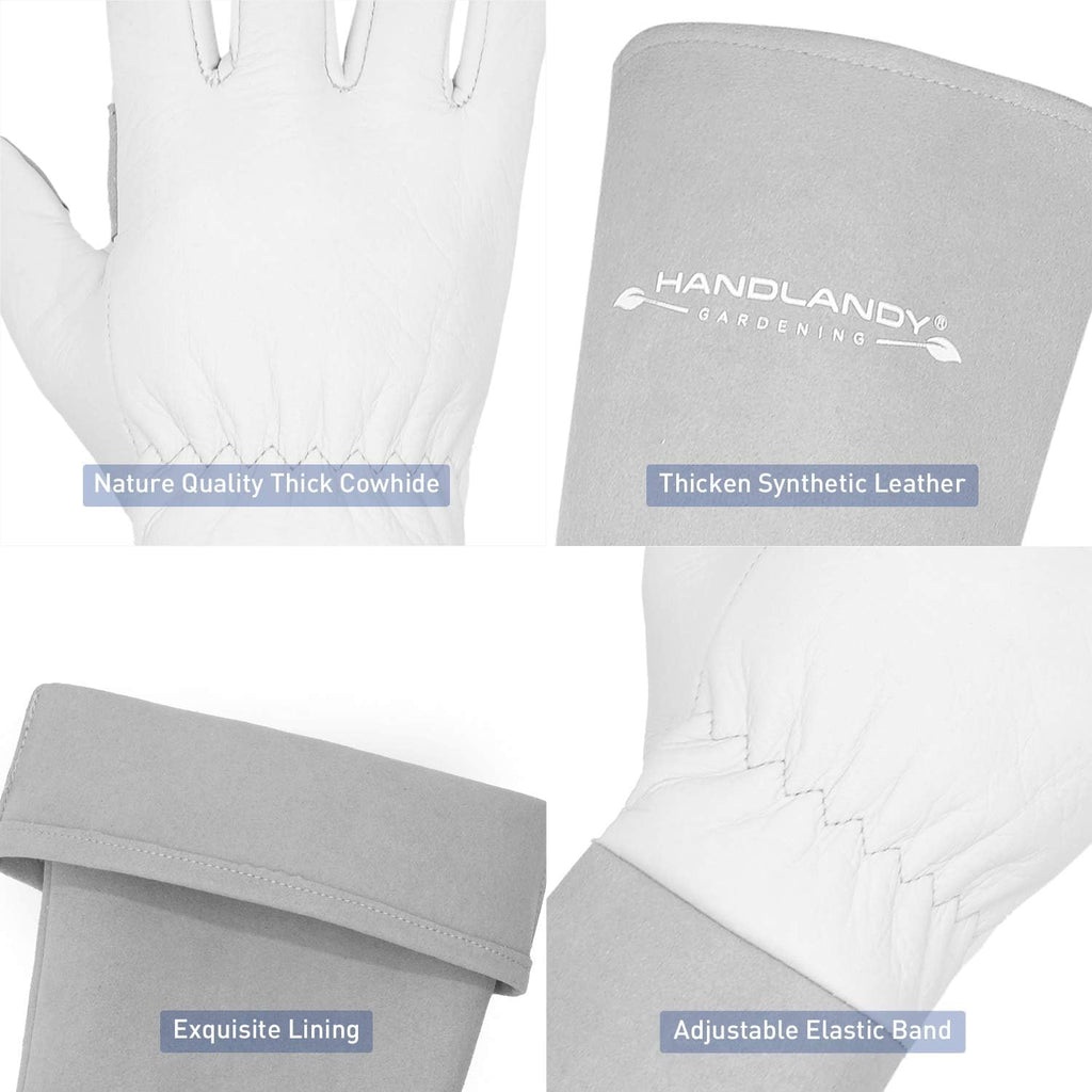 HANDLANDY Long Gardening Gloves for Men & Women, Thorn Proof Rose Pruning Gloves Leather Gauntlets Garden Glove Yard Work Glove (Large, Grey)