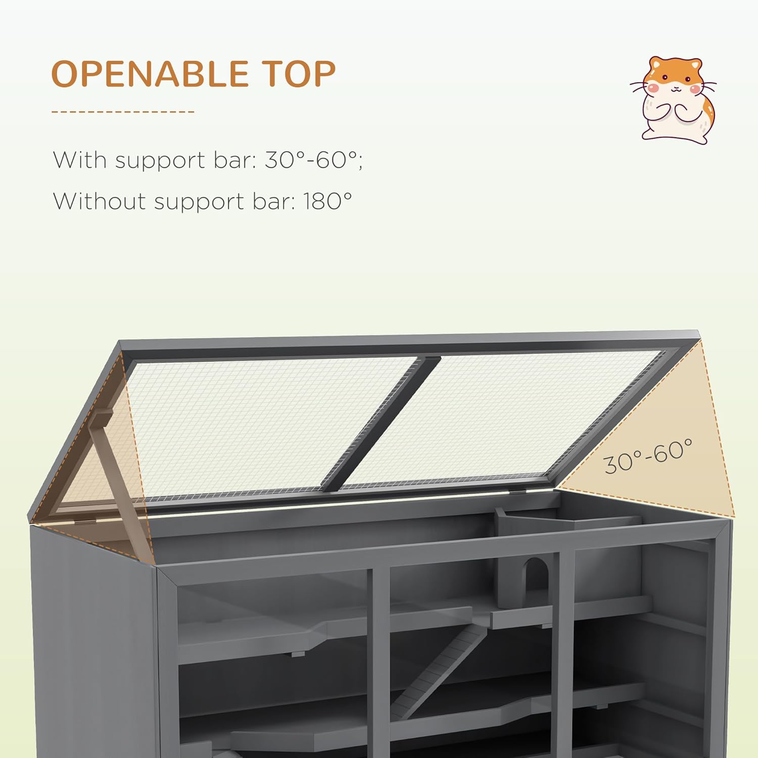 PawHut 45" Extra Large Wooden Hamster Cage, 3-Layer Chewproof Rat Cage with Opening Roof, Hut, Ramps, for Gerbil, Dwarf & Syrian Hamsters, Gray