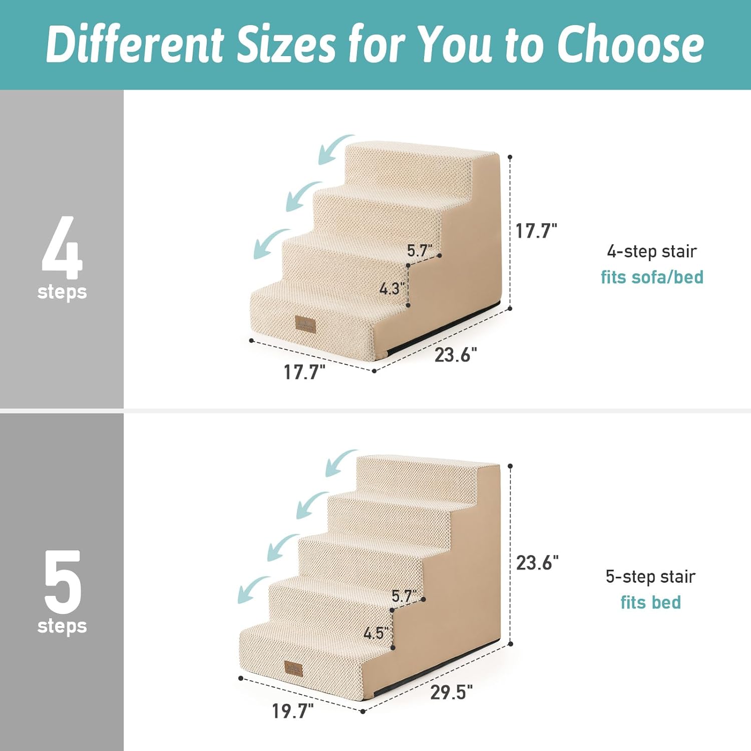 Dog Stairs for Small Dogs, 5 Tier Wider Pet Stairs for High Beds, 23.6" H Non-Slip Dog Steps for Old Cats, Puppies, Small Medium Dogs, 29.5x19.7x23.6 inch, Beige