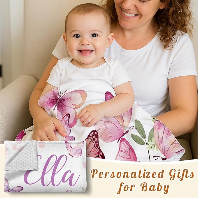 Personalized Baby Blanket for Girls, Custom Name Blanket for Newborn New Mom, Soft Flannel with Double Layer Dotted Backing, Ideal Gifts for Baby Shower Christmas Birthday, Butterfly(47" x60)