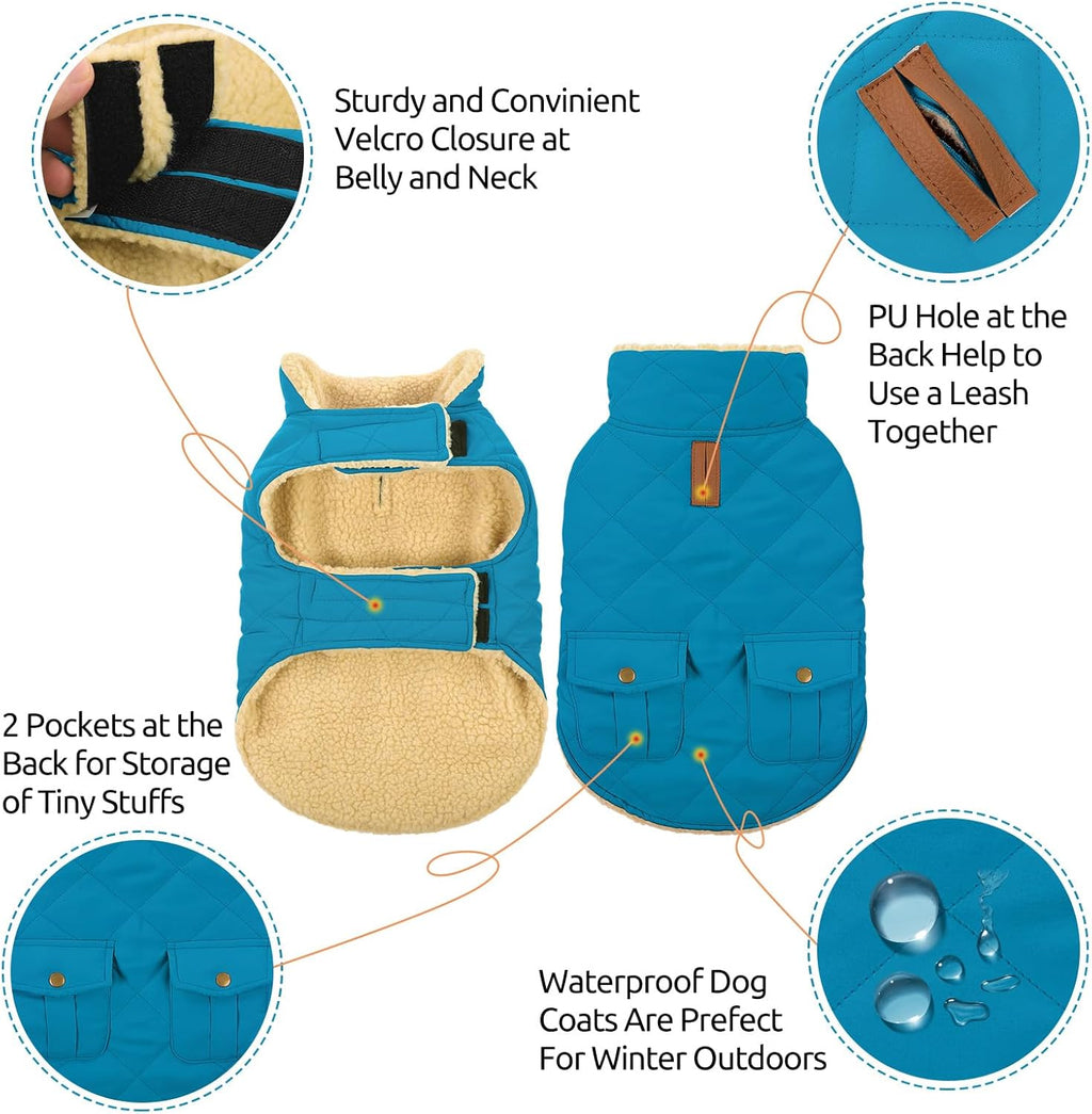 Queenmore Dog Winter Coat Warm Puffer Jacket Waterproof Plush Lining Thermal Cold Weather Vest for Small Medium Large Dogs, Windproof Easy On Pet Jacket Blue S