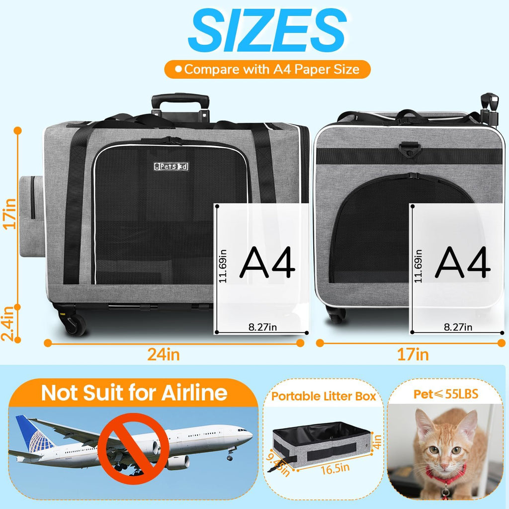 Petskd Extra Large Cat Carrier with Wheels and Litter Box 24"x17"x17" for Large Cat or 2 Small Cats, Collapsible Soft Sided Pet Carrier for Car Travel with Lockable Safety Zippers(Grey)