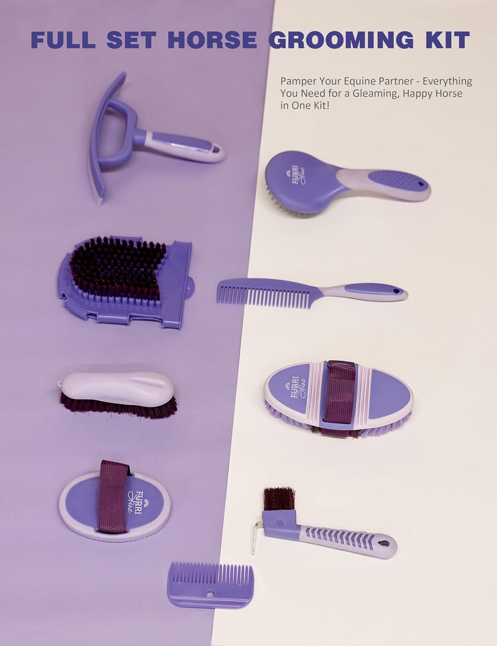 11PCS Horse Grooming Kit Curry Comb Sweat Scraper Horse Bathing Supplies Grooming Tools with Storage Bag Sugar Taro
