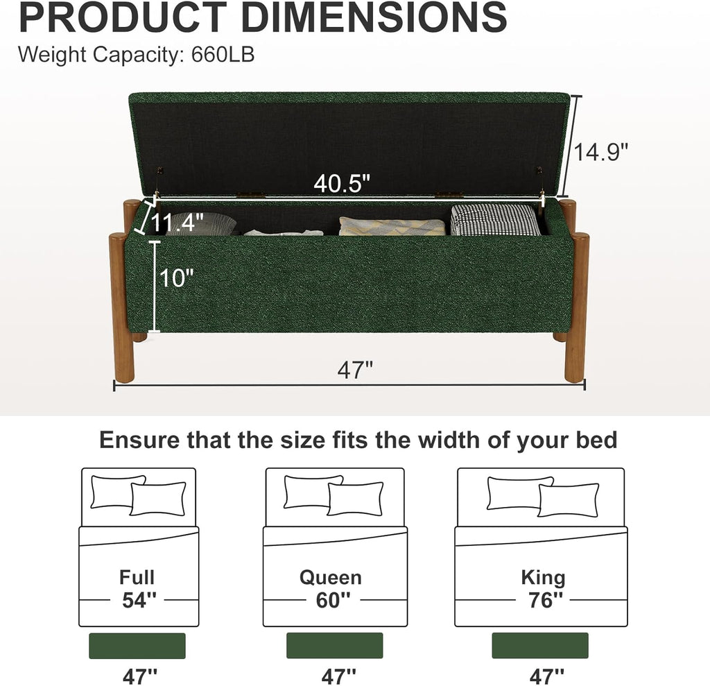 Storage Ottoman Bench, End of Bed Bench for Bedroom, 47" Boucle Upholstered Entryway Shoe Seat Benches, Holds up to 660 lb Storage Ottoman, Padded Blanket Chest Stool Foot Rest for Living Room Green