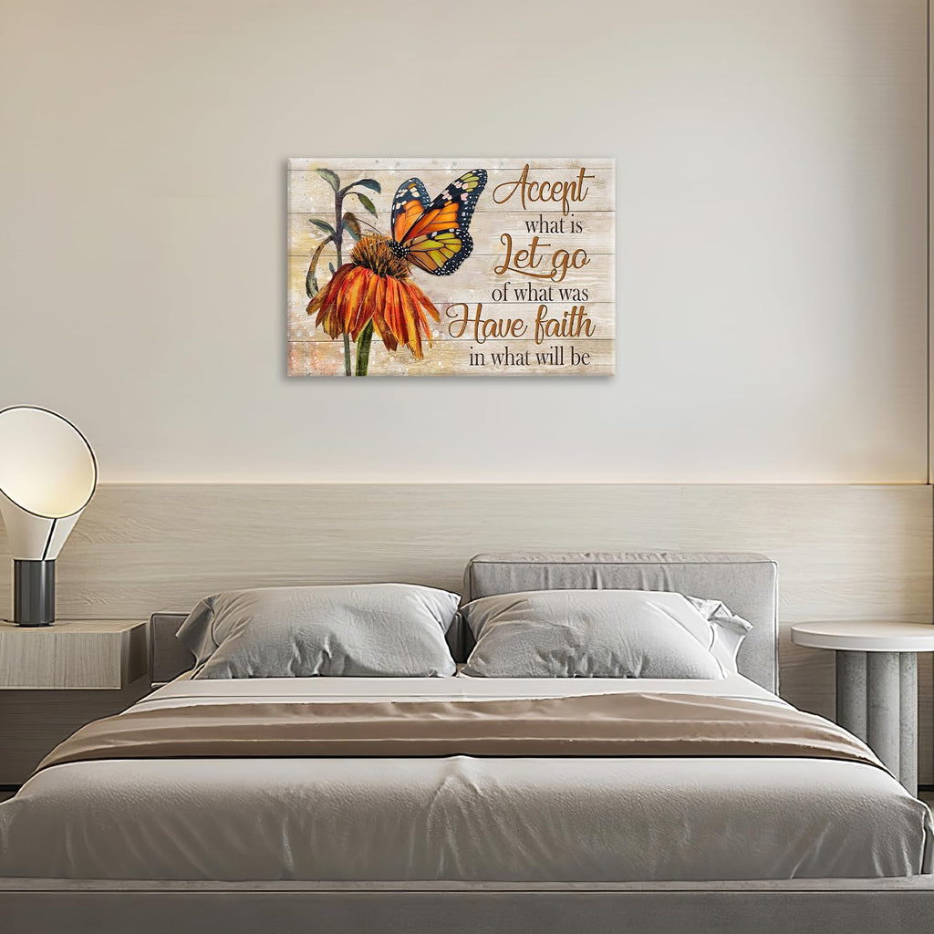 Farmhouse Butterfly Bathroom Pictures Wall Art, Rustic Floral Country Bathroom Wall Decor, Daisy Inspirational Framed Painting Canvas Artwork for Bedroom Living Room Decorations 24"L x 16"W