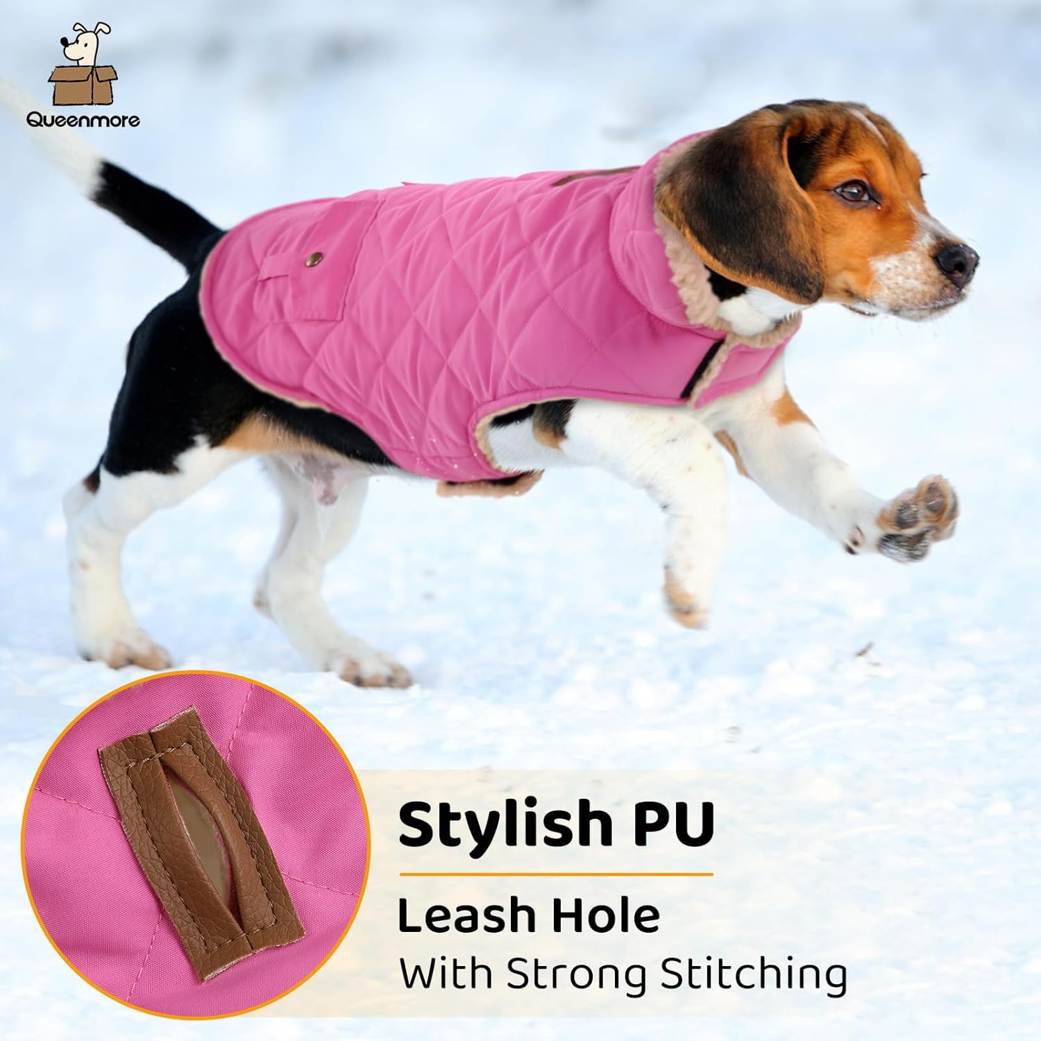 Queenmore Dog Winter Coat - Fleece Jacket, Waterproof Cold Weather Dog Clothes, Thick Warm Cotton Padding, Easy On Storage Pockets (Pink, X-Small)