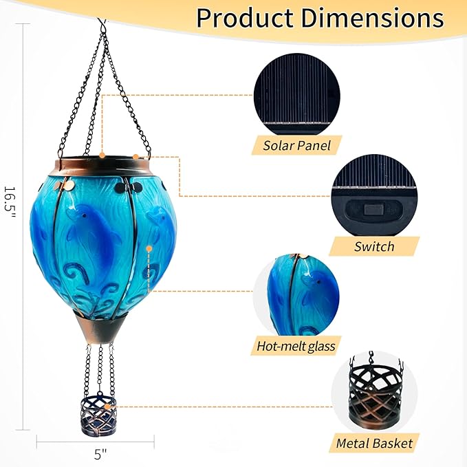 Glass Solar Hot Air Balloon Lantern with Flame Hanging Garden Flickering Light Outdoor Waterproof for Yard Patio Tree Mother's Day Gift, Dolphin