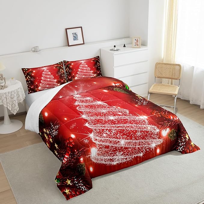 Feelyou Kids Merry Christmas Decorations Comforter Set, Kids Santa Tree Bedding Set King Size for Boys Girls Teens Xmas Christmas Bell Decor Comforter Glitter Red Quilt Set
