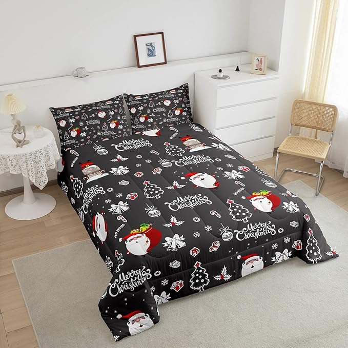 Christmas Comforter 3 Pieces Santa Claus Comforter Set White Snowflake Christmas Printed Xmas Festival Bedding Set with 2 Pillowcases (King, Grey Black)
