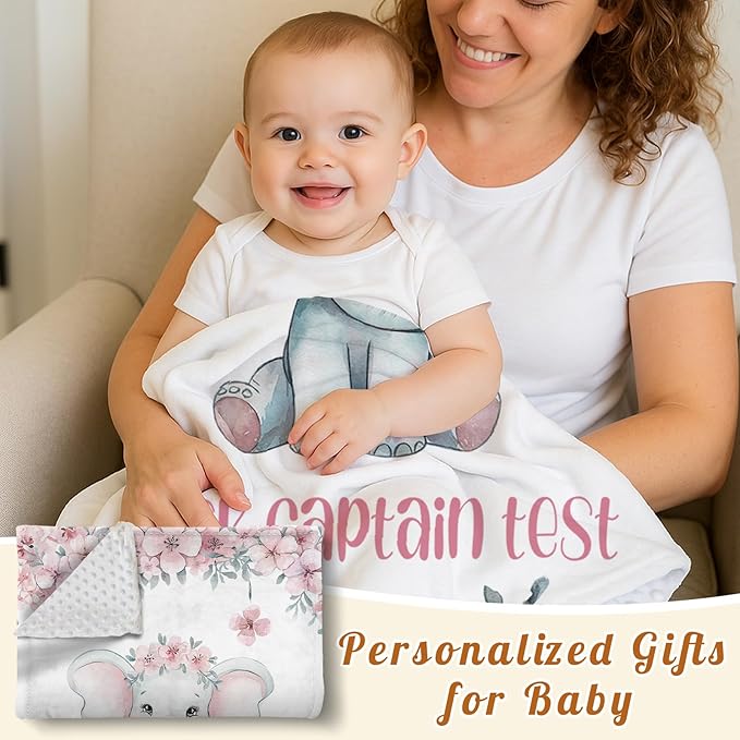 Personalized Baby Blankets for Girls Boys, Custom Elephant Baby Blanket with Name for Kids, Flannel Bed Throw Blanket for Newborn, Customized Baby Gifts for Baby Shower Nursery Blanket(30”x40)