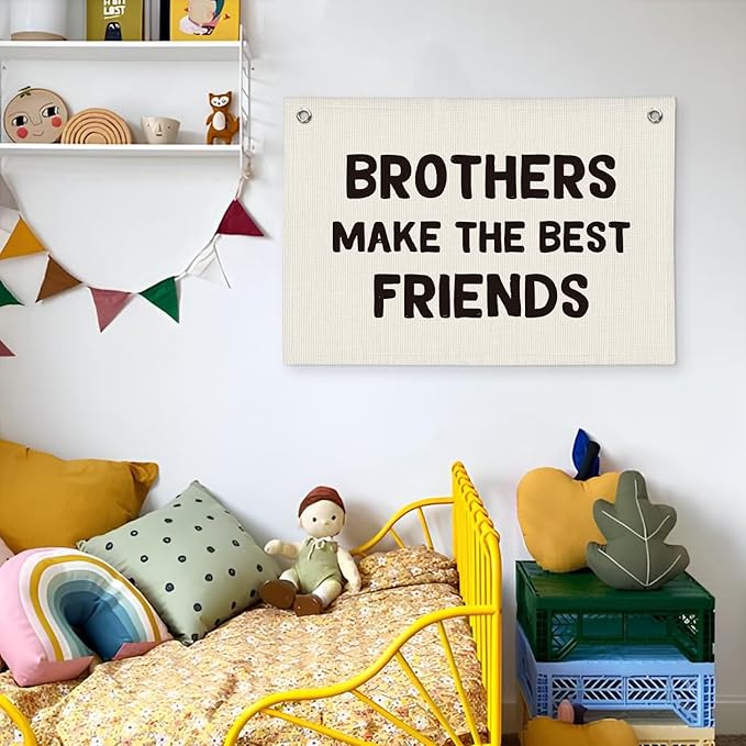 Brothers Make The Best Friends Banner, Boys Room Decor, Toddler Boy Linen Banner Wall Hanging Flag Decor for Nursery 20x30 - White