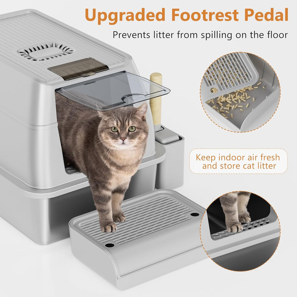 Stainless Steel Cat Litter Box with Lid, XL Extra Large Litter Box for Big Cats, Enclosed Removable Metal Litter Boxs with High Sided Enclosure & Scoop, Anti-Leakage, Non-Sticky, Easy Cleaning(Grey)