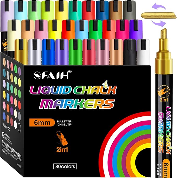 SFAIH Liquid Chalk Markers [1-Second Wet Wipe] - 6mm 30 Colors [Neon+Pastel+Metallic], No Residue, Zero Dust Chalkboard Markers for Whiteboard, Windows, Glass, Signs, With Highlighter Color Marker