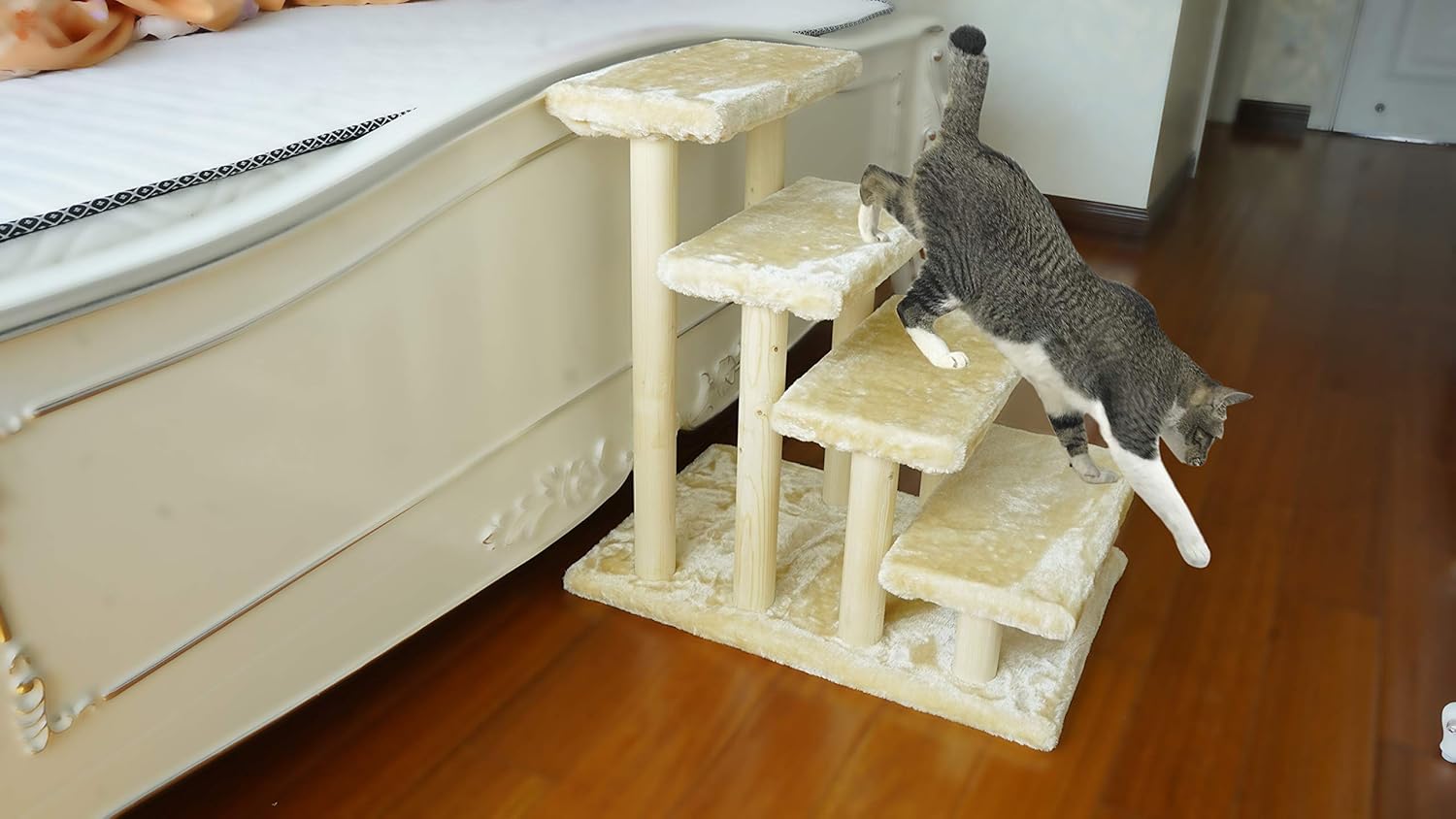 Cowboy Wooden pet Stairs 4-Step pet Ladder cat Dog Easy Stairs with Detachable Carpet for high Bed and Couch (Gray)