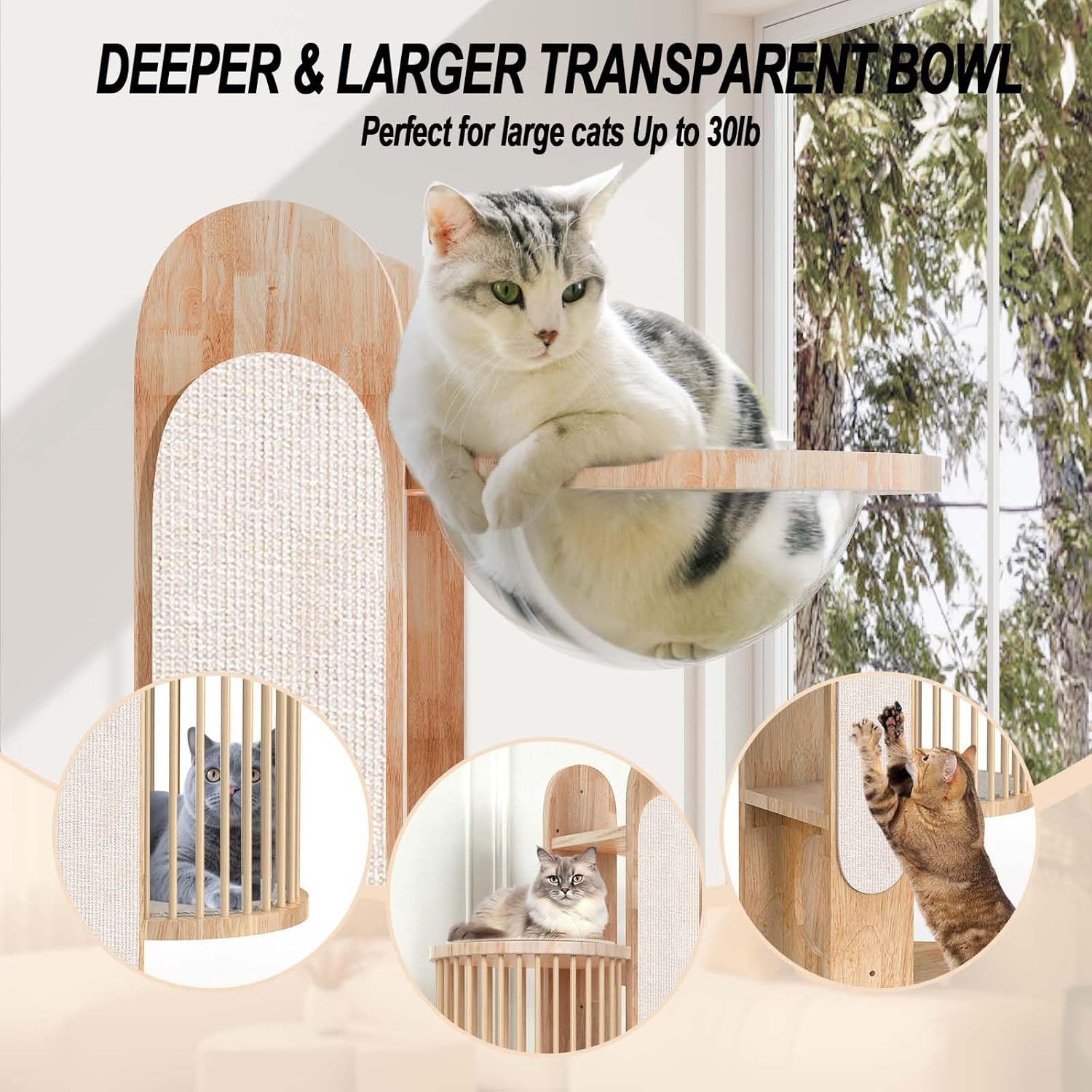 Modern Cat Tree Tower for Indoor Cats, 67" Tall Solid Wooden Cat Tower with Scratching Posts, 6 Level Natural Luxury Cat House with Big Bed, Washable Cushions Cat Furniture for Large Cats White Brown