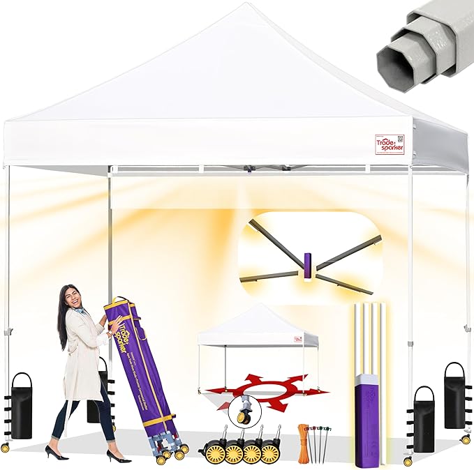 Tradesparker 10x10 Pop Up Canopy Tent,Commercial Movable Canopy with ApexCore LED & Rugged Casters-Instant Easy Setup Shelter Canopies with Weight Bags & Stakes for Oudoor Events Markets Vendors,White