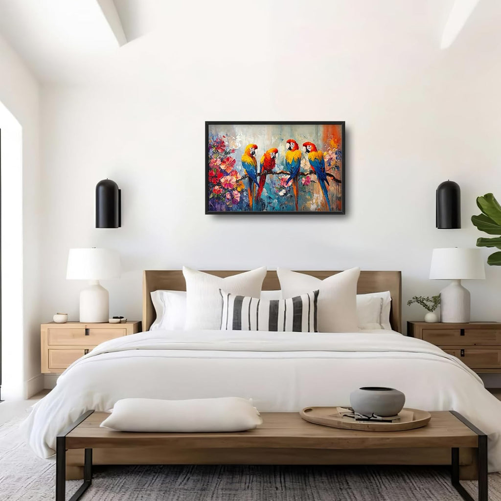 Extra Large Framed Parrot Bird Wall Art,Oversized Abstract Colorful Parrots Flower Wall Decor Pictures for Living Room,Canvas Print Painting Modern Artwork Bedroom Office Bathroom Home Decor 36L x24W