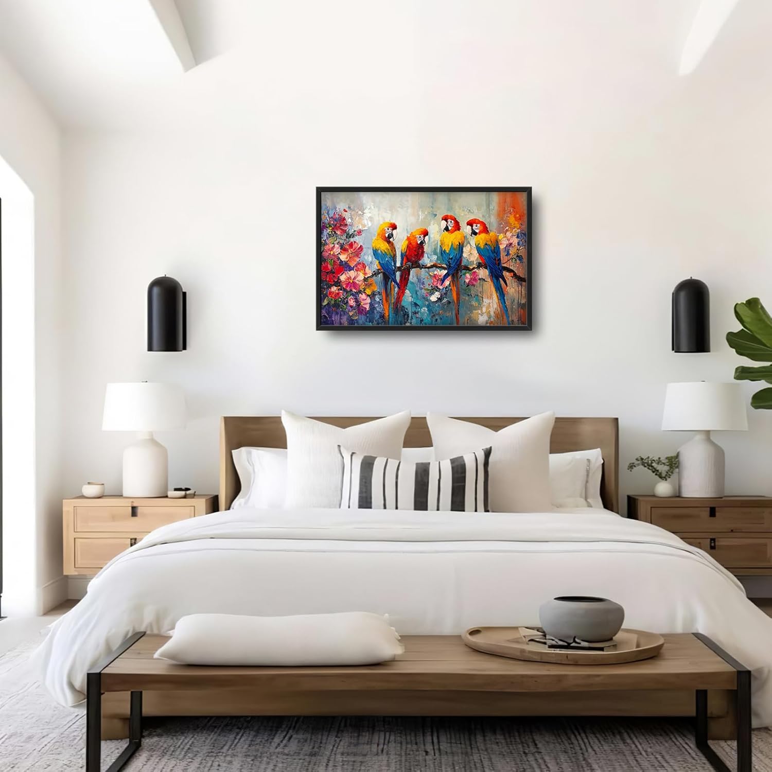 Extra Large Framed Parrot Bird Wall Art,Oversized Abstract Colorful Parrots Flower Wall Decor Pictures for Living Room,Canvas Print Painting Modern Artwork Bedroom Office Bathroom Home Decor 36L x24W