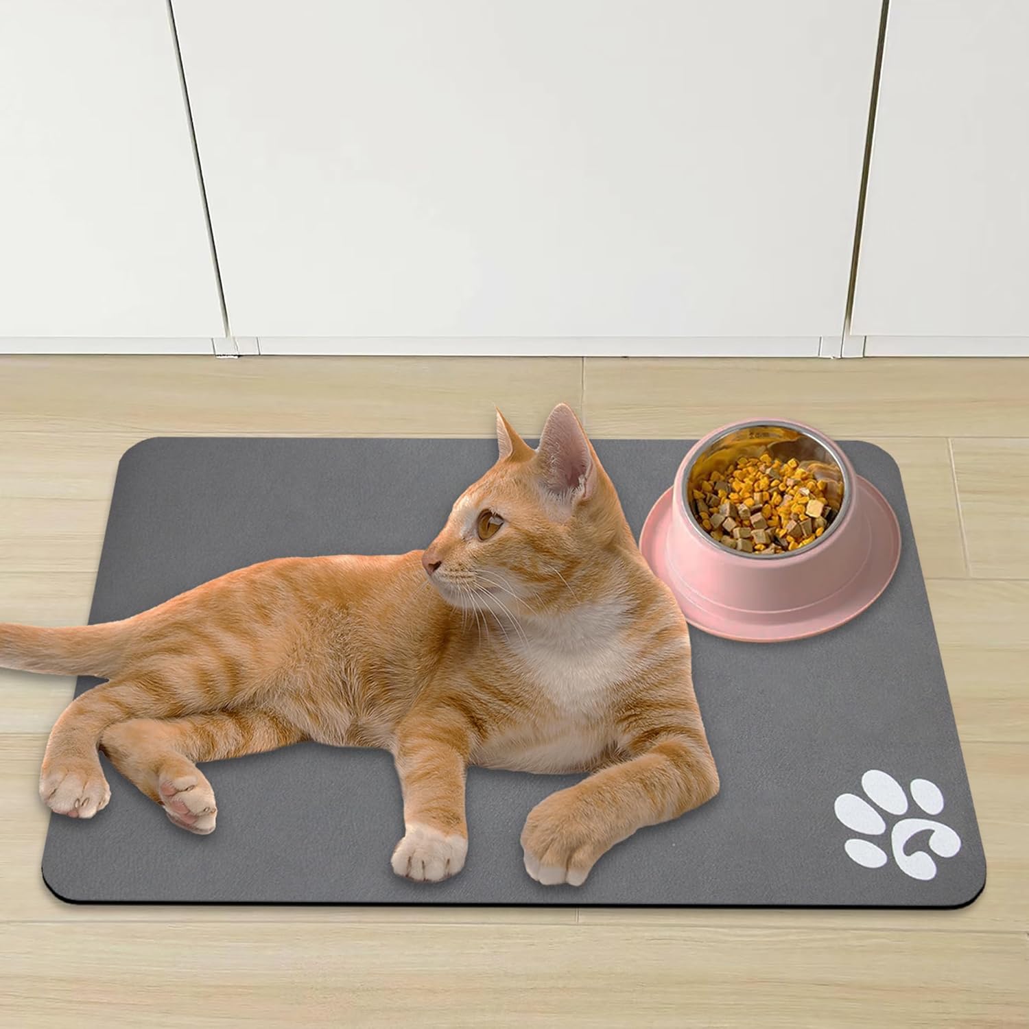 YCT Pet Feeding Mats - Non-Slip, Super Absorbent, 18.1 x 11.8 inches, Brown with Footprints Logo