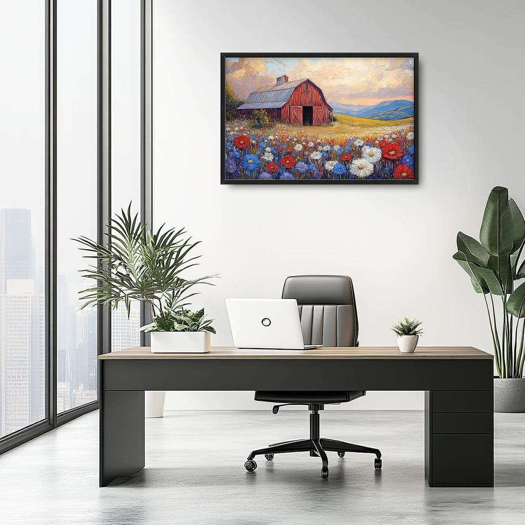 Large Farmhouse Barn Daisy Wall Art for Living Room, Floral Landscape Canvas Oversized Wall Decor, Flower Scenery Framed Pictures Painting Print Artwork for Bedroom Office 36"L x 24"W