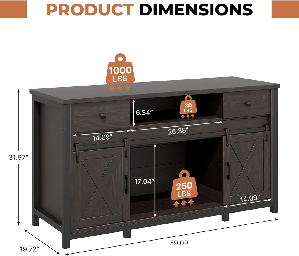 Miereirl 75-120 Gallon Fish Tank Stand with Power Outlet – Heavy Duty Aquarium Stand, Rustic Farmhouse Style, 1000 lb Capacity, Adjustable Storage & Sliding Barn Doors, Dark Brown