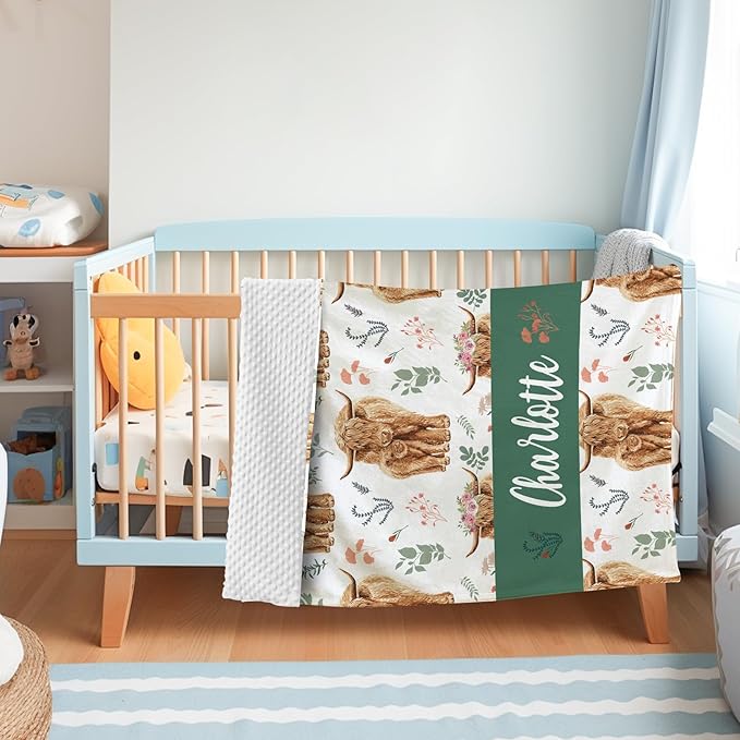 Personalized Baby Name Blanket for Boy Girl, Soft Flannel Blanket with Double Layer Dotted Backing for Infant Newborn, Nursery Crib with Floral Highland Cow Design, Gifts for New Mom(30”x40)