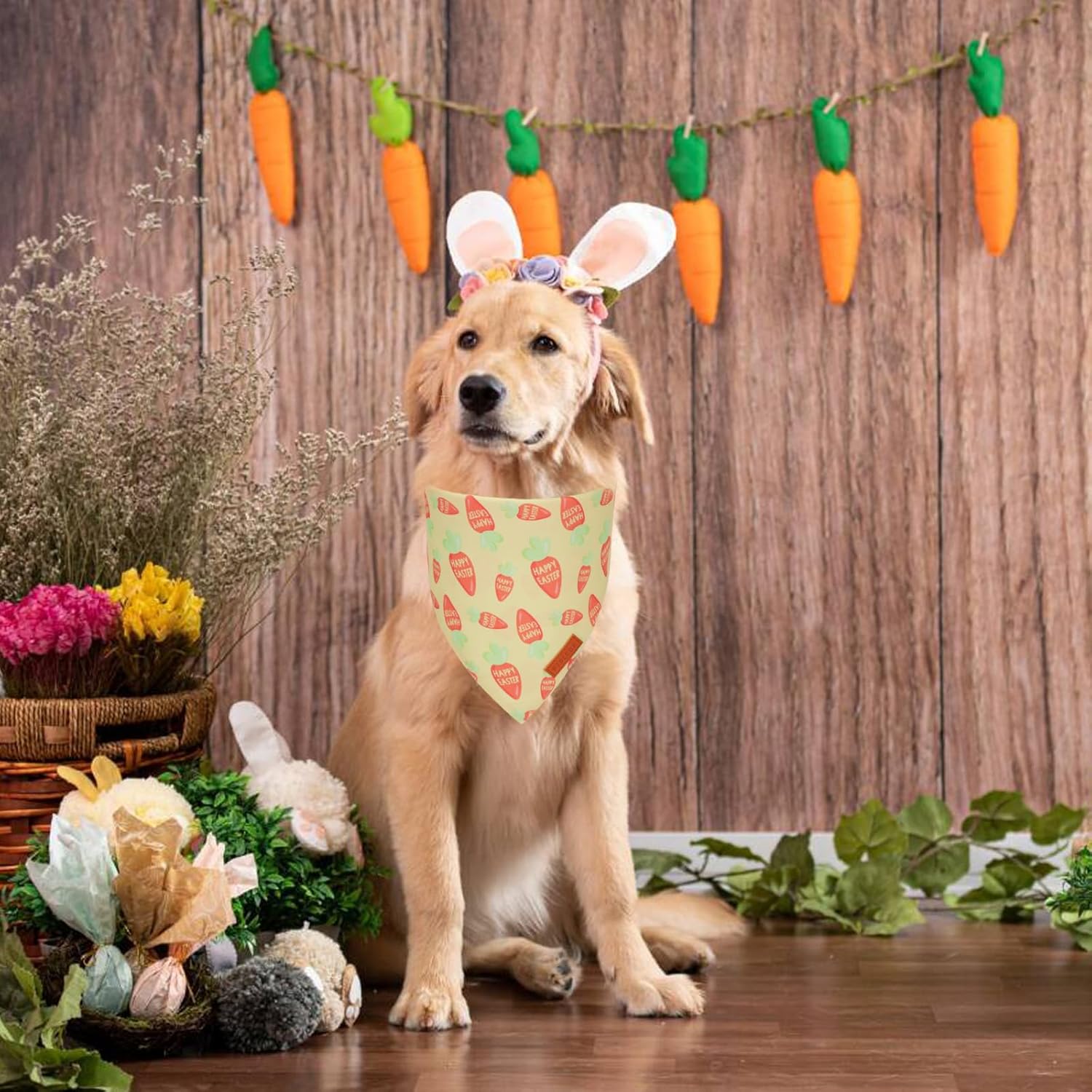 PTDECOR Easter Dog Bandana, Green and Yellow Rabbit Carrot Reversible Holiday Dog Scarf, Multi Size, Triangle Pet Easter Bandanas for Large and Extra Large Dogs Pets (X-Large)