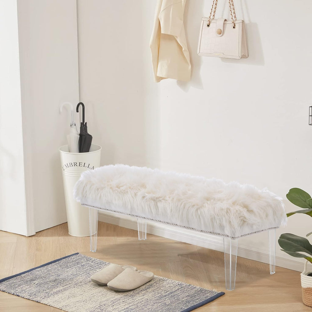 46 Inch White Bedroom Bench, Benches for Bedroom White Faux Fur Upholstered Bed end Bench, Tufting Ottoman Bench Indoor Bench with Acrylic Legs for Living Room Bedroom Entryway