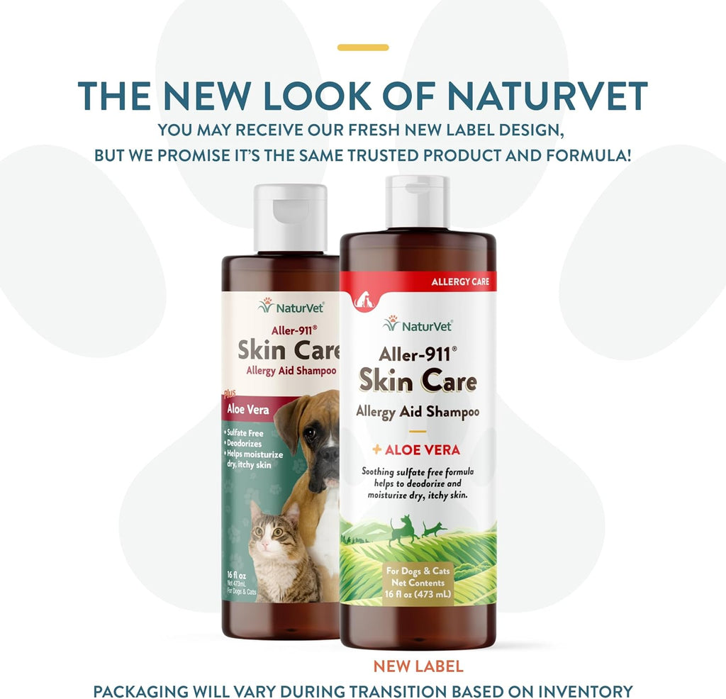 NaturVet Aller-911 Skin Care Allergy Aid Pet Shampoo with Aloe Vera – Pet Health Supplement Shampoo & Grooming Aid for Dermatitis, Dog Skin Allergies, Itching, Hot Spots, Cat Rashes – 16 Oz.