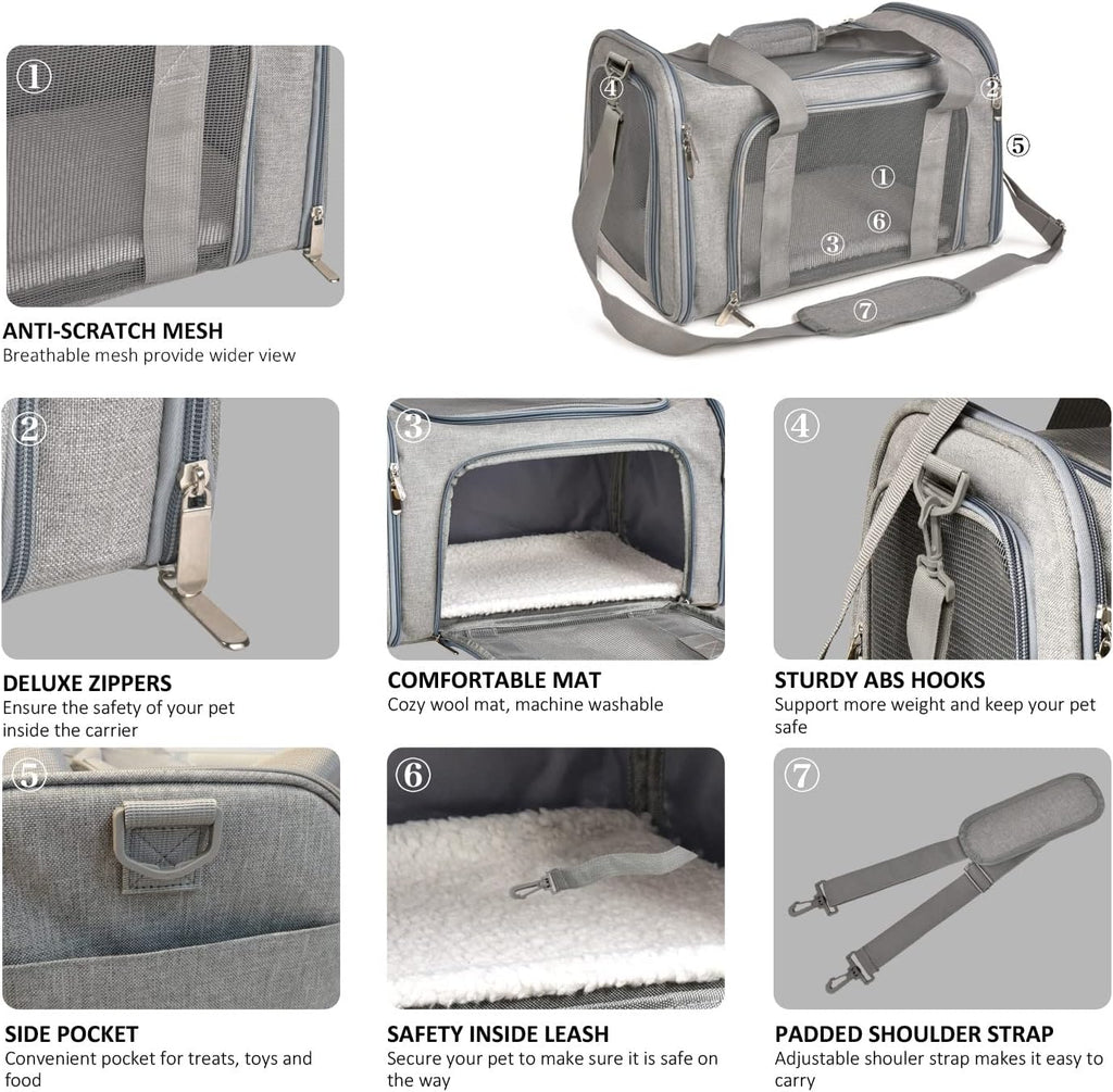 Cat Carriers Dog Carrier Pet Carrier For Small / Medium Cats Dogs Puppies (Up To 15lbs), TSA Airline Approved Small Dog Carrier Soft Sided, Collapsible Waterproof Travel Puppy Carrier - Grey