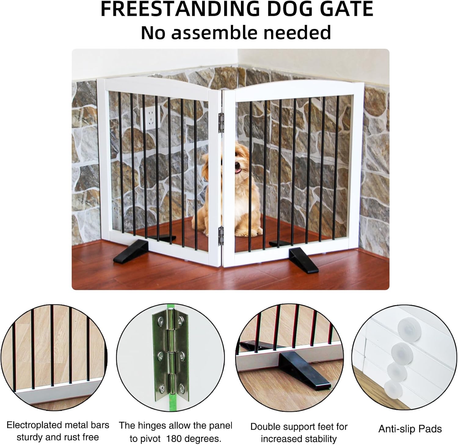 Freestanding Panel Gate for Indoor Doorways, Stairs, or Hallways, Foldable Wooden Gate for Dogs, Support Feet Included, 24" Height - 2 Panels, White