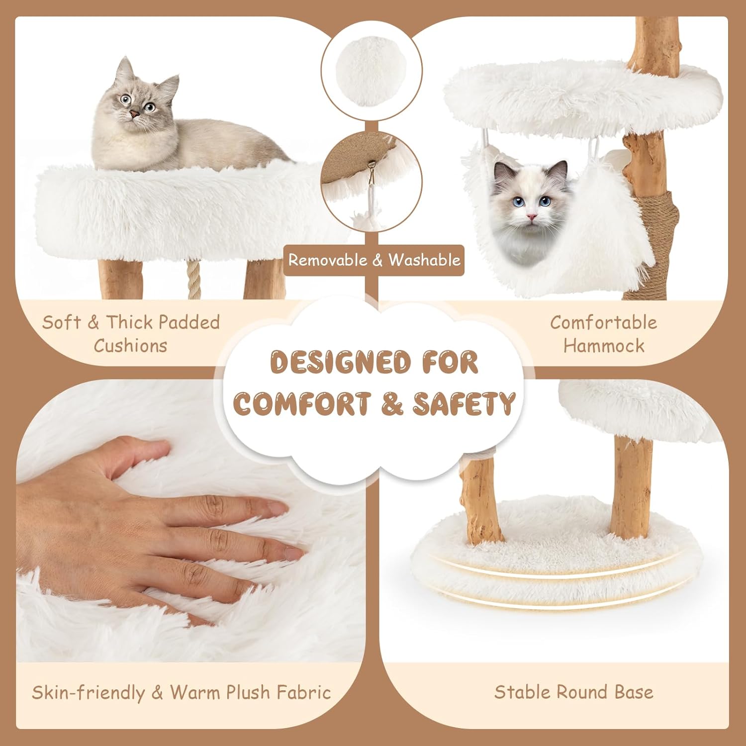 Tangkula Cat Tree Tower, Solid Wood Modern Cat Tower with Cozy Top Perch, 2 Platforms & 1 Hammock, Natural Branch Cute Cat Tree with Scratching Posts & Sisal Rope for Indoor Cats