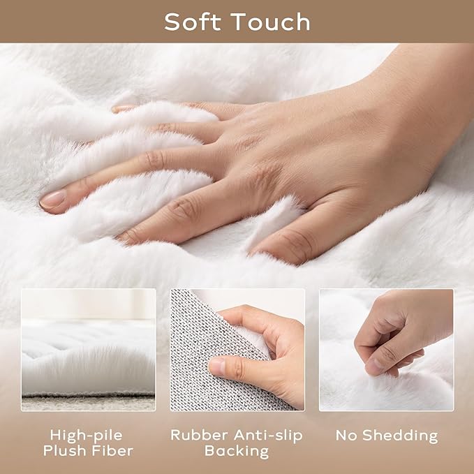 Ashler Faux Rabbit Fur Rug, White 4x6 FT Fluffy Soft Runner Area Rugs, Rectangle Fuzzy Carpet for Living Room, Bedroom, Machine Washable Shaggy Nursery - 3D Bubble Mat