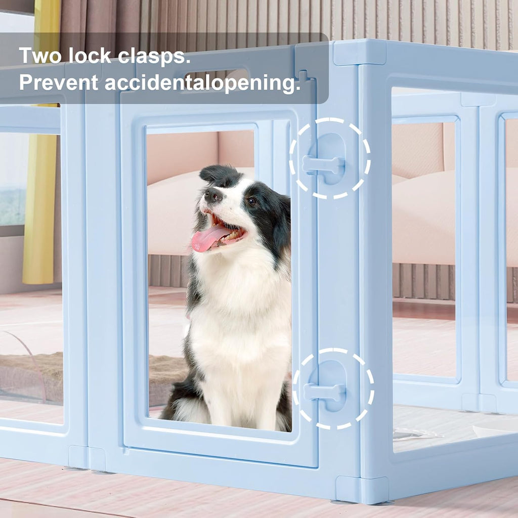 DIY Clear Acrylic Dog Playpen House,Quick Easy Assembly and Disassembly,Strong Floor Suction,Indoor and Outdoor Use,Easy Cleansing Puppy Fence (Sky Blue, 23.6" H, 12PCS)