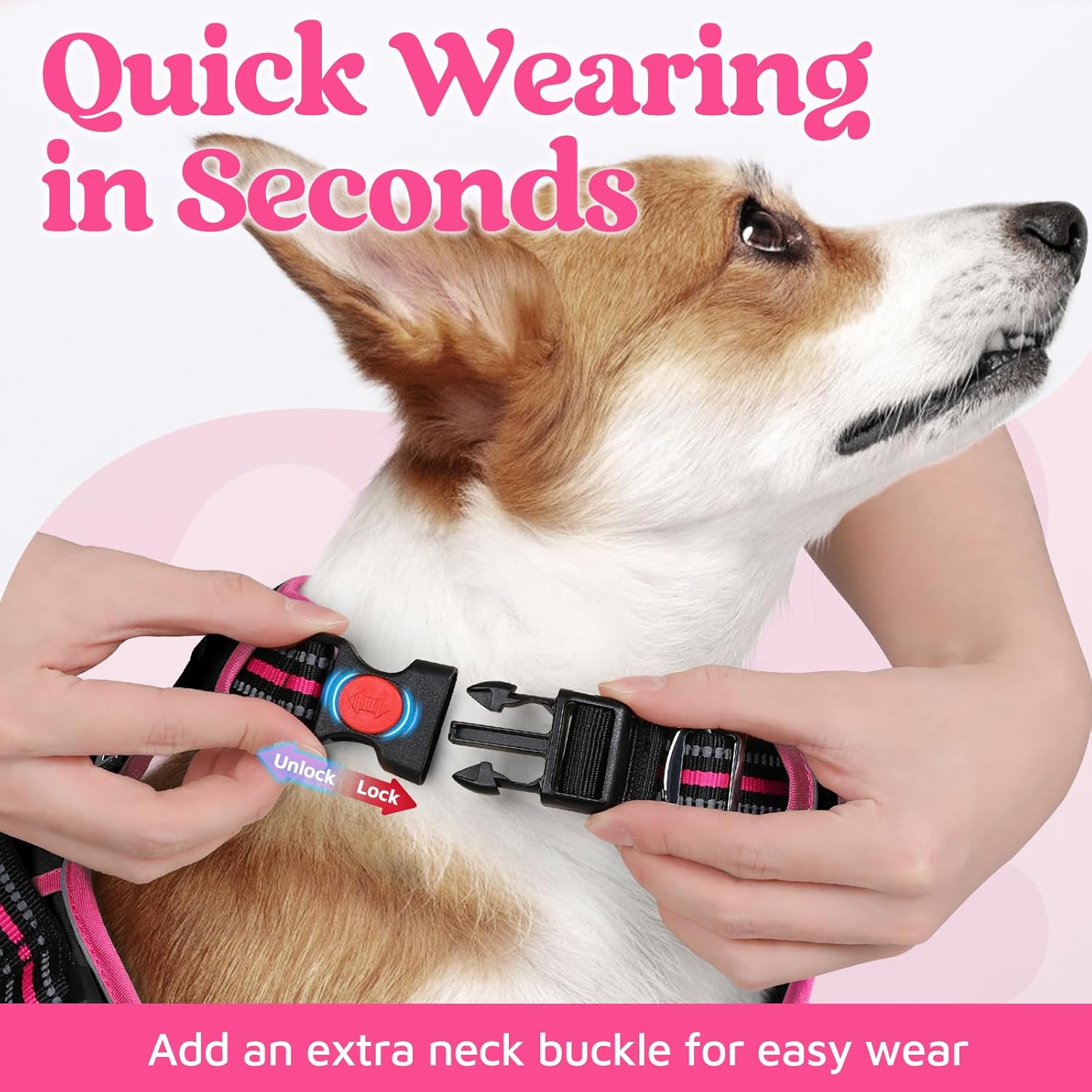 rabbitgoo Dog Harness for Large Dogs, No Pull Pet Vest with 3 Buckles, Adjustable Soft Padded Pet Harness with Easy Control Handle and Reflective Strips, Black & Rose Pink, L