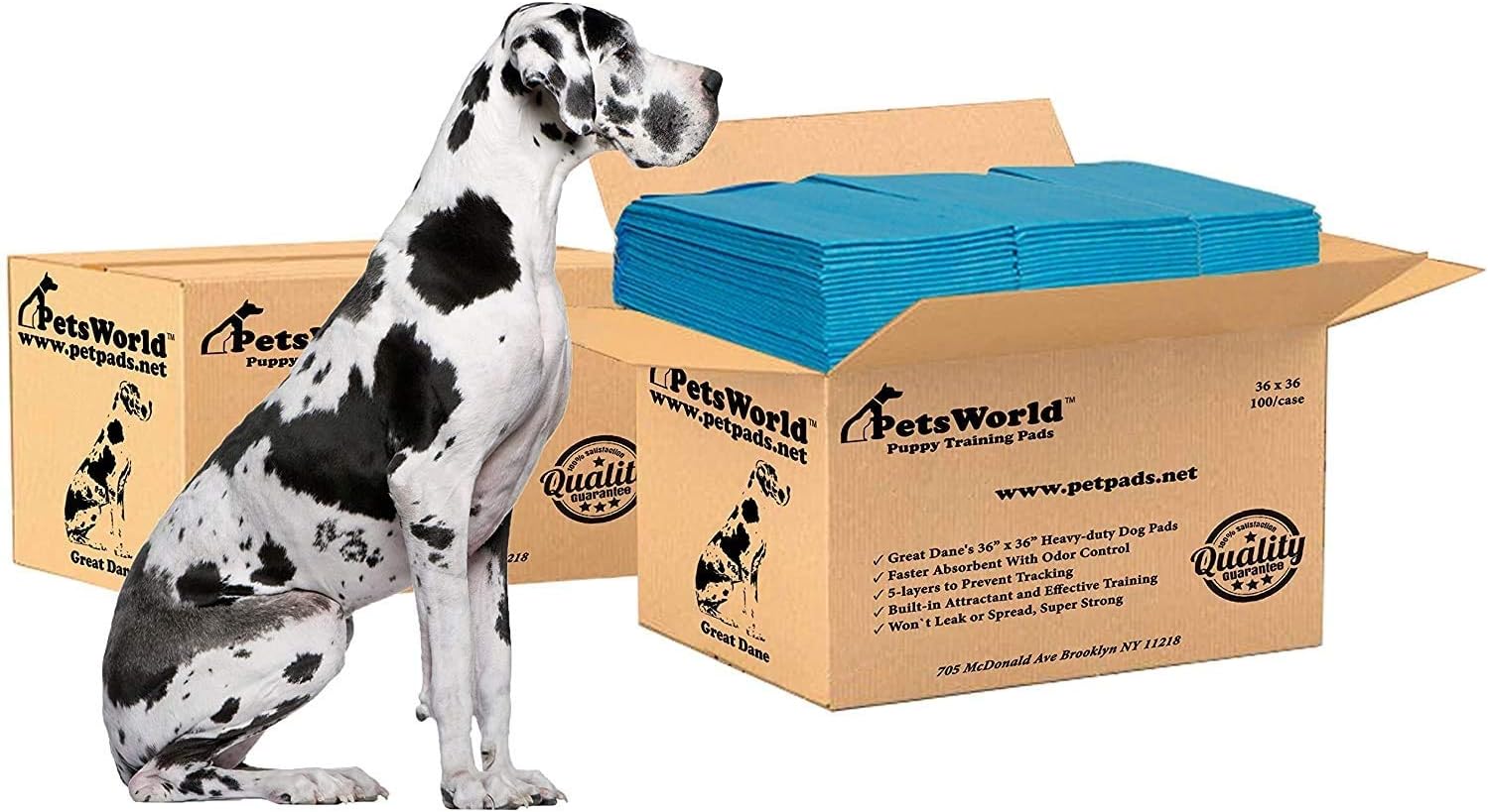 PETSWORLD Giant Dog Potty Pads, Odor-Eliminating, 36" x 36", Ultra Absorbent 5-Layer Leak-Proof Training Pads for Dogs & Cats (36x36, 200 Count)