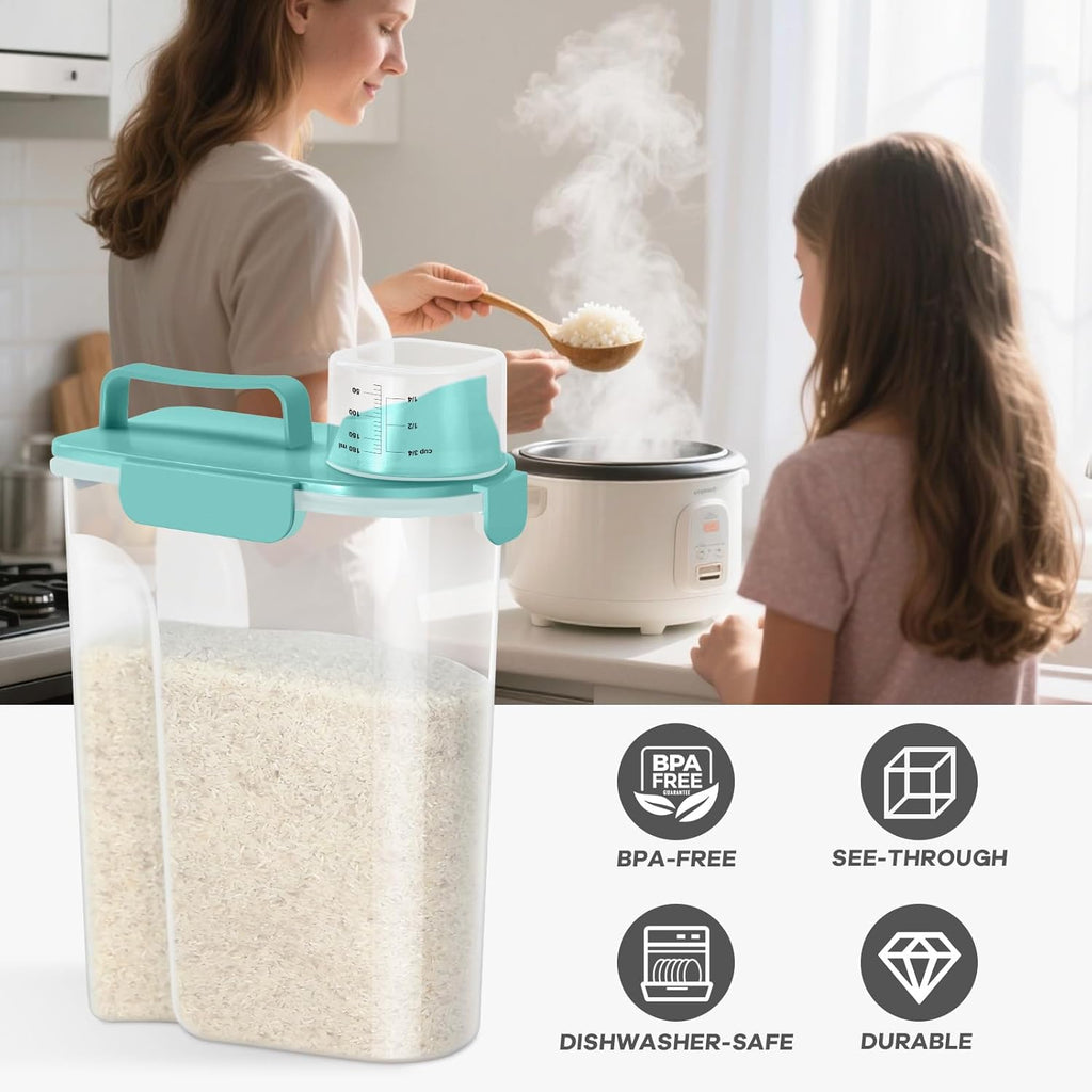 Rice Storage Container 10 Lbs, Pet Cat Dog Food Storage Container with Larger Spout and Cup, Airtight Cereal Containers Storage Food Cereal Dispenser, Kitchen and Pantry Organization Bin-Green