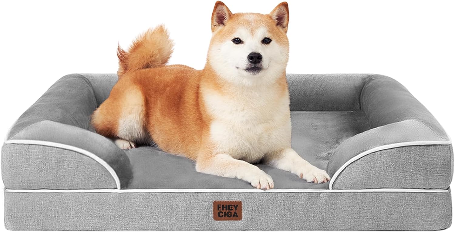 EHEYCIGA Orthopedic Dog Beds for Large Dogs, Waterproof Memory Foam Large Pet Bed with Sides, Non-Slip Bottom and Egg-Crate Foam Dog Couch Bed with Washable Removable Cover, Grey