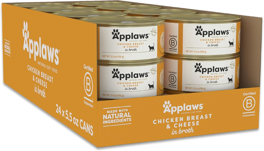 Applaws Wet Cat Food, 24 Count, Limited Ingredient Canned Wet Cat Food, Chicken Breast with Cheese in Broth, 5.5oz Cans