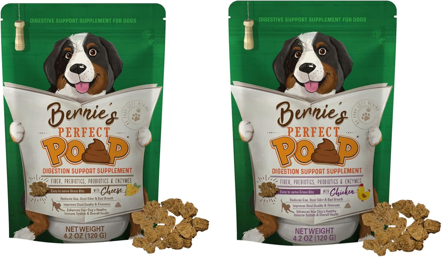 Perfect Poop Digestion & Health Supplement for Dogs: Fiber, Prebiotics, Probiotics, Enzymes Digestive, Hard & Soft Stool, Improved Health (4.2oz Cheddar Bag + 4.2 oz Chicken Bag, 4.2 oz Bundle)