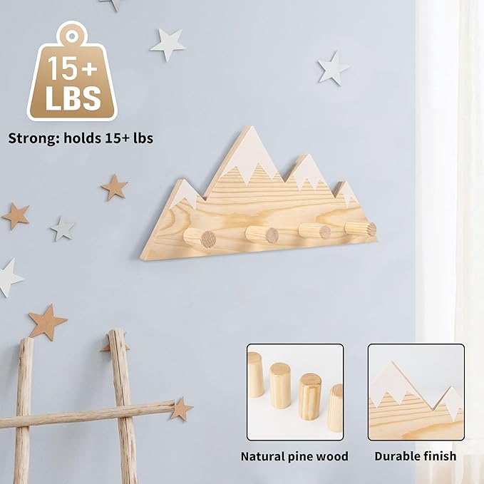 Mountain Wall Hooks - Woodland Nursery Decor - Wall Mount Organizer for Kids Coats & Towels - Ideal Adventure Mountain Decor Baby Shower Gifts - Natural Finish
