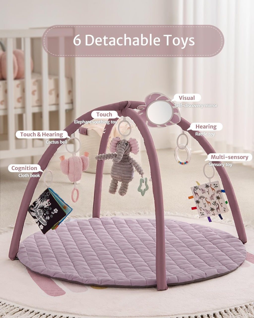 Blissful Diary Baby Play Gym Mat, Tummy Time Activity Mat with 6 Detachable Toys for Stage-Based Sensory & Motor Skill Development, Easy to Install & Clean, Baby Essentials Gift, Lavender Pink