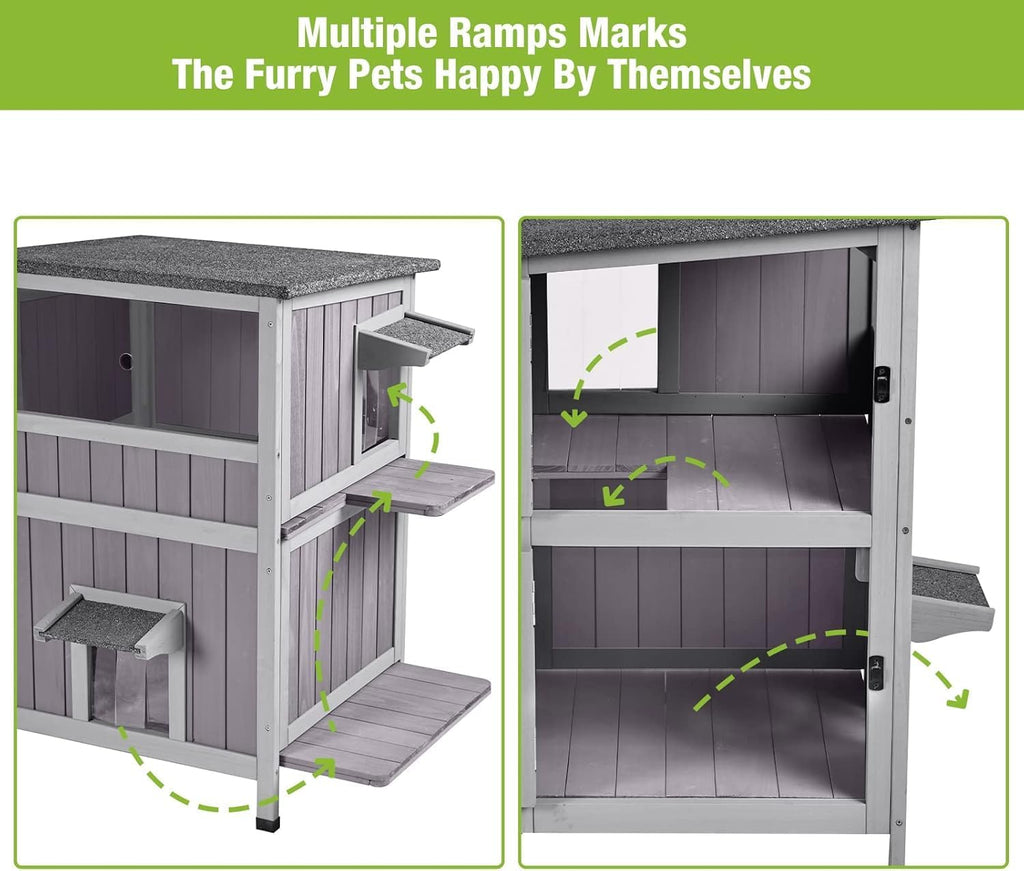 GUTINNEEN Outdoor Cat House Weatheproof Feral Cat Shelter Wooden Cat Condo for Winter with Escape Doors（AIR14）